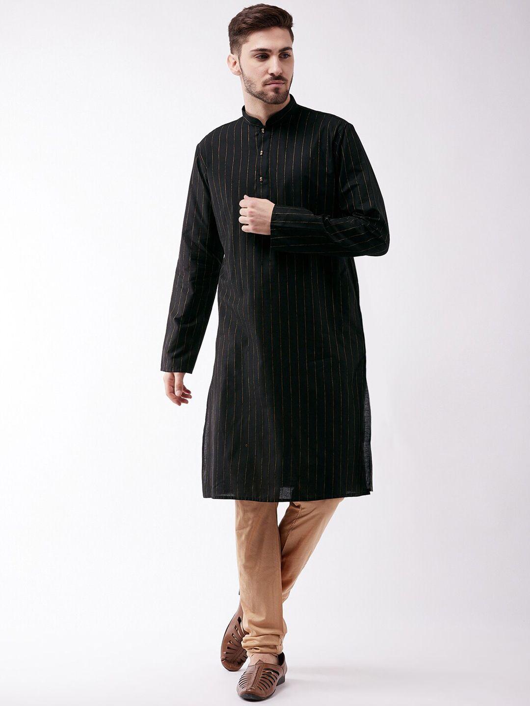 vastramay men black & gold-coloured striped regular kurta with churidar