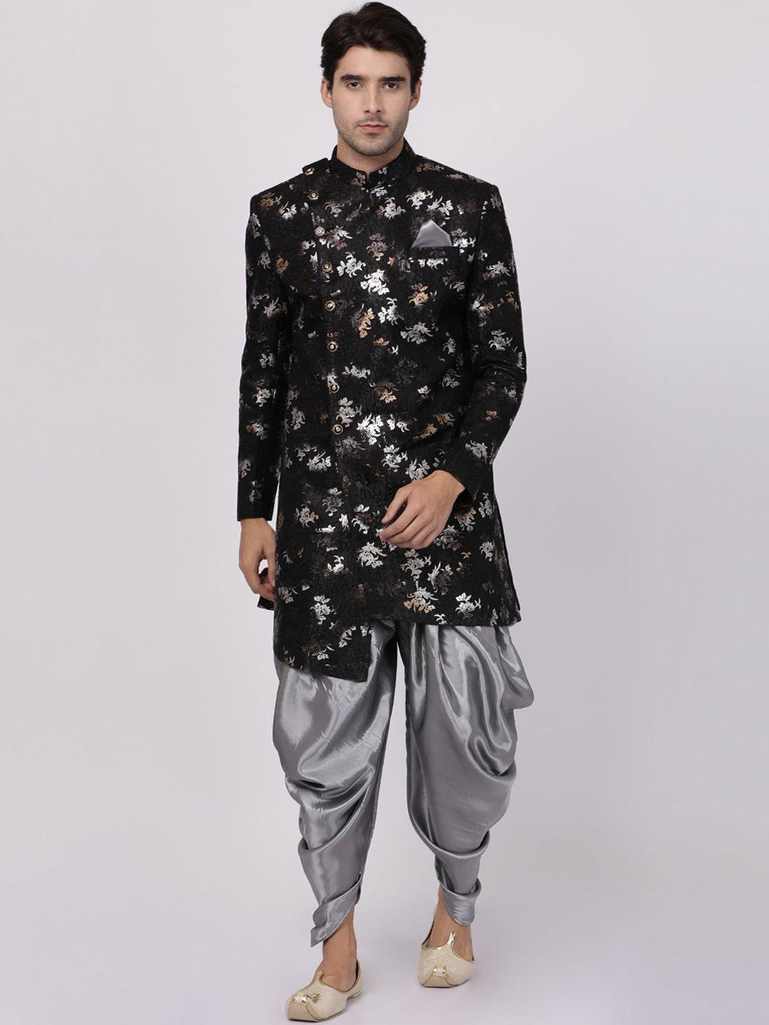 vastramay men black & silver-toned floral printed sherwani set