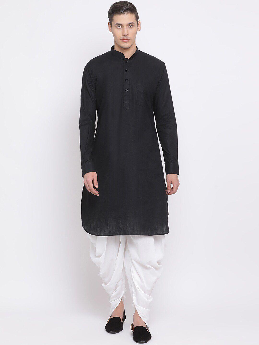 vastramay men black & white solid kurta with dhoti pants