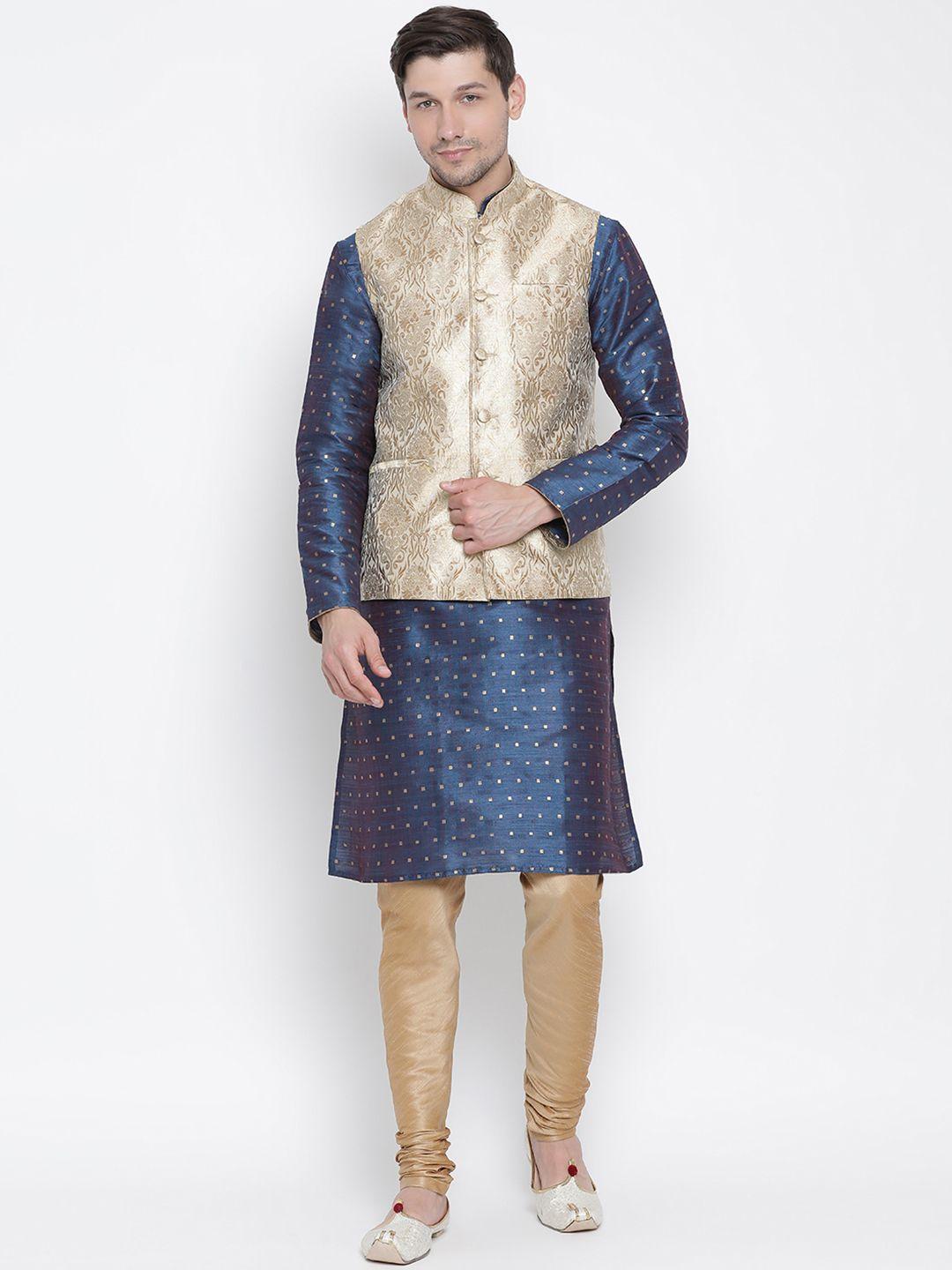 vastramay men blue & beige self design kurta with churidar & jacket