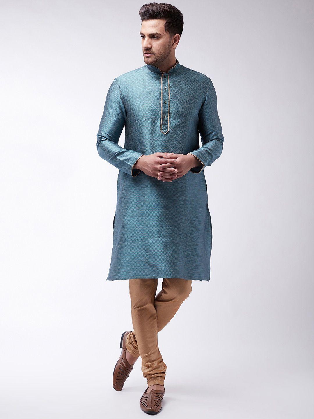 vastramay men blue & rose gold jacquard kurta & churidar