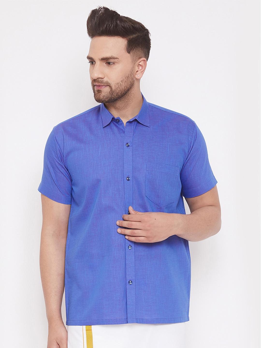vastramay men blue regular fit solid casual shirt