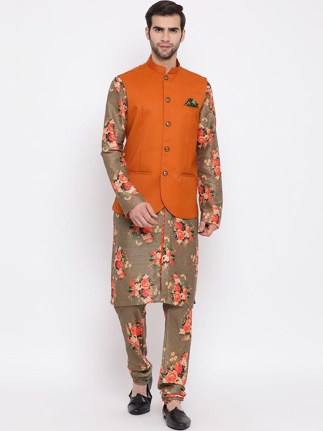 vastramay men brown floral printed kurta with churidar & nehru jacket