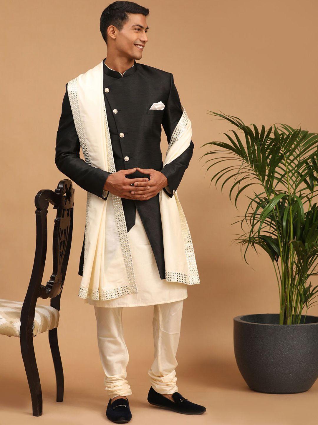 vastramay men cream-coloured & black mirror work pure silk kurta with churidar & with dupatta and jacket