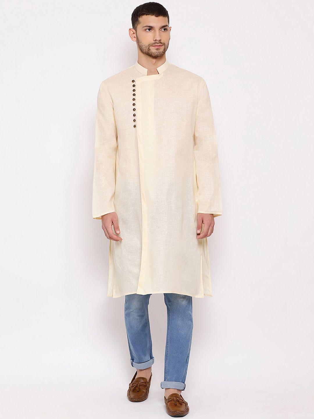 vastramay men cream-coloured angrakha cotton kurta