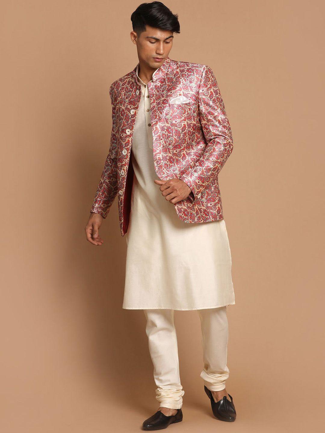 vastramay men cream-coloured floral printed kurta with churidar