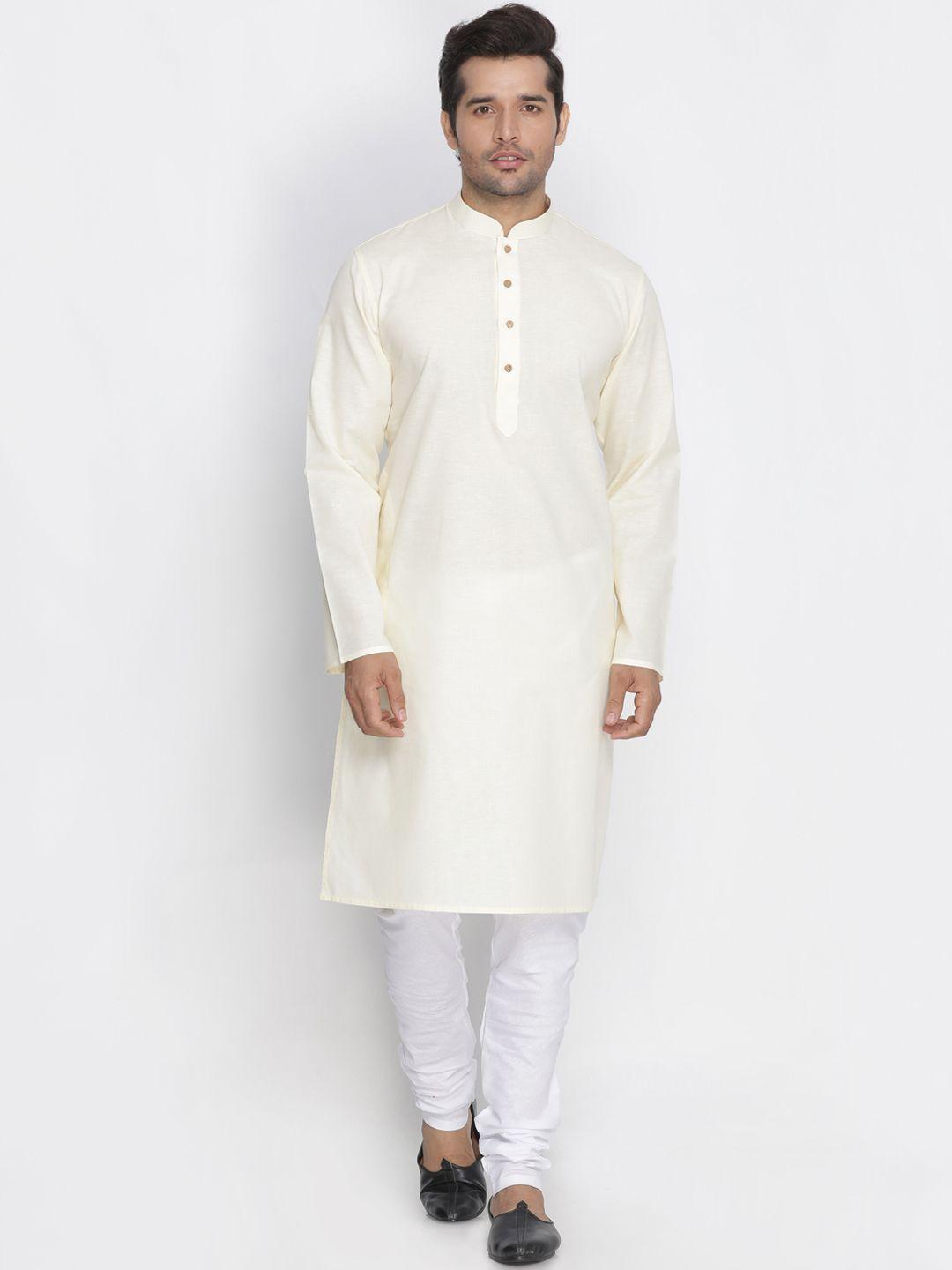 vastramay men cream-coloured solid kurta with churidar