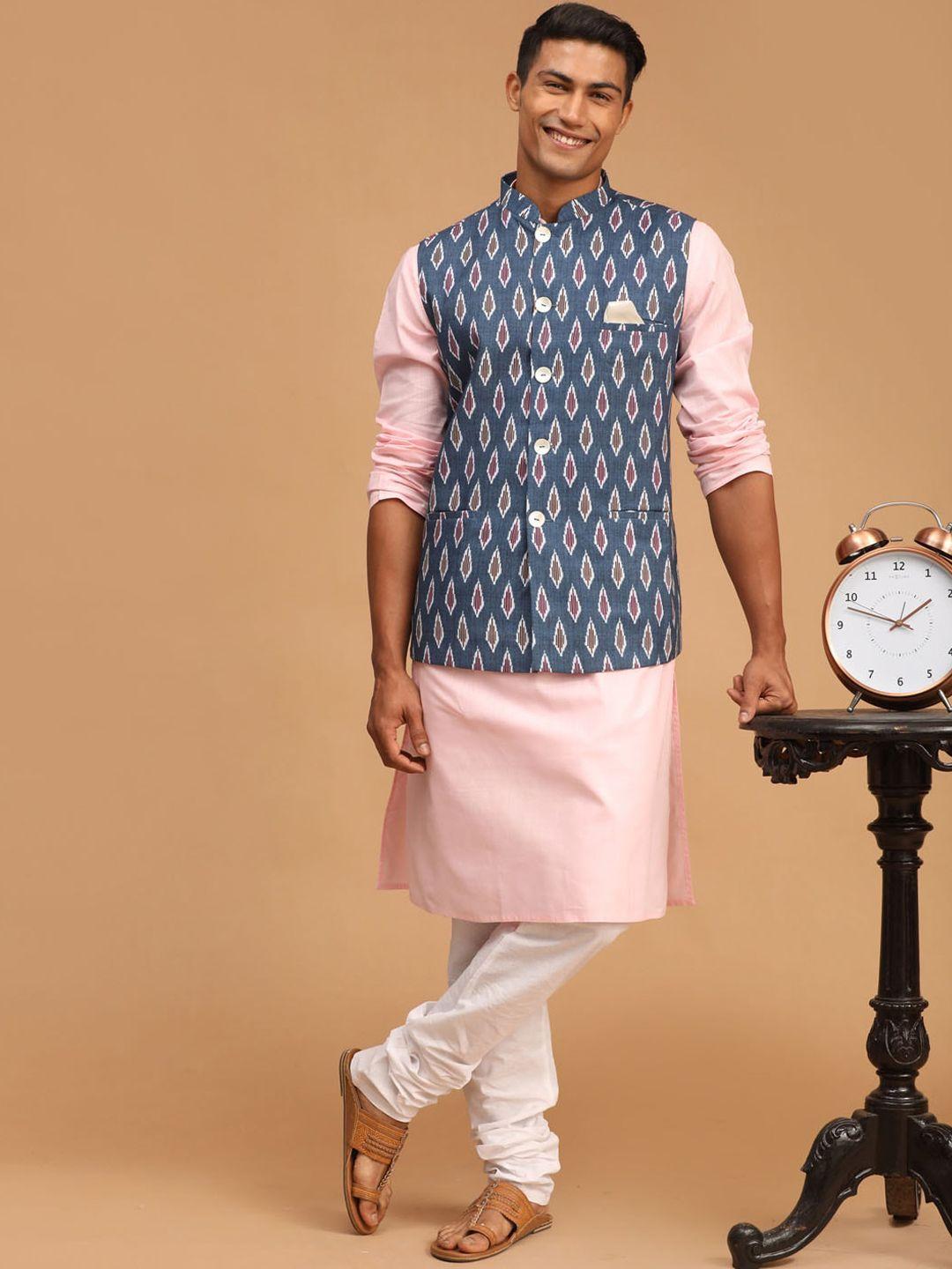 vastramay men ethnic motifs printed kurta with churidar & nehru jacket