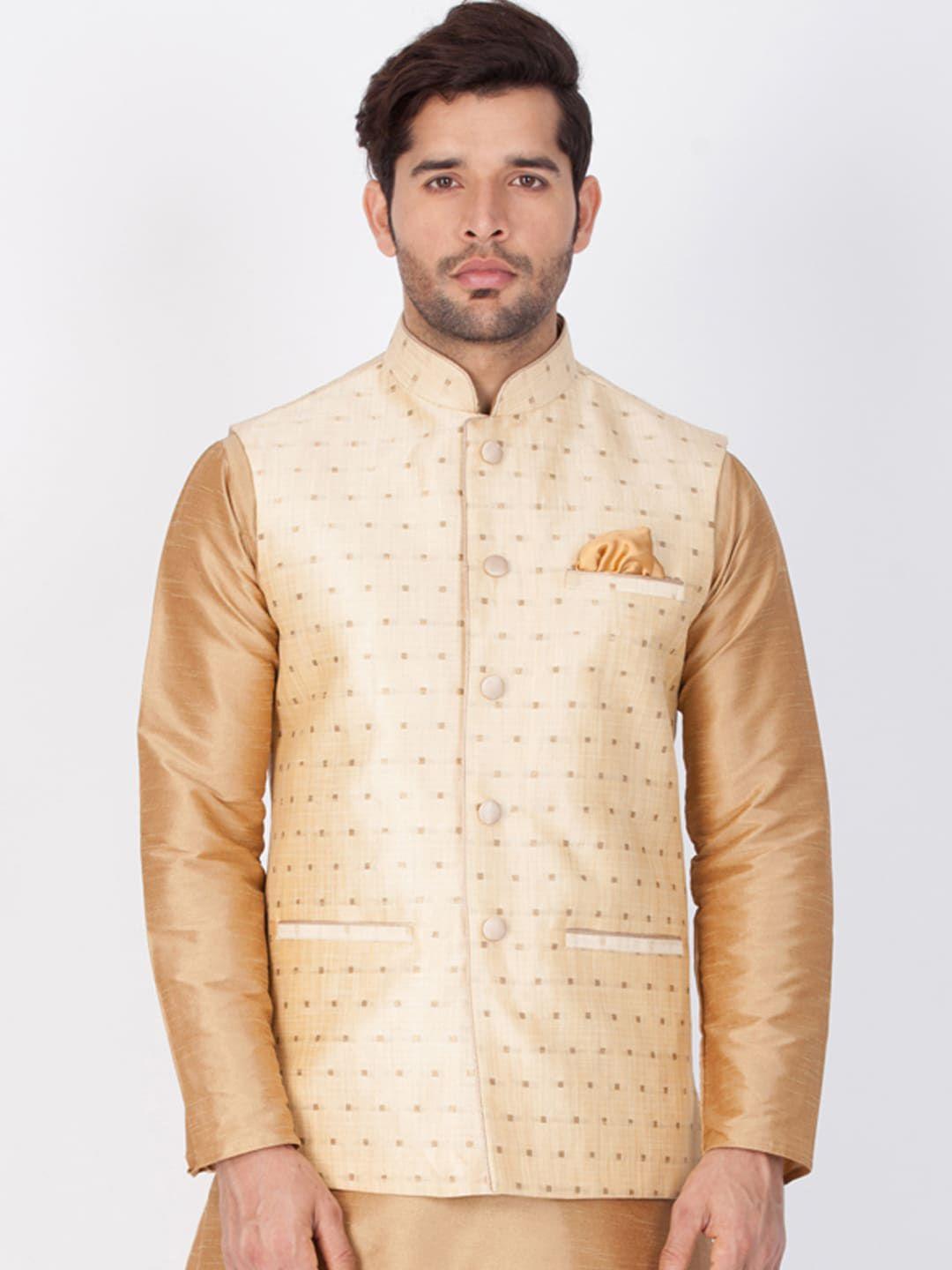 vastramay men gold-coloured woven design nehru jacket