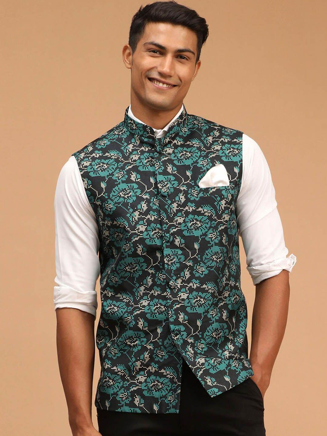 vastramay men green printed nehru jacket