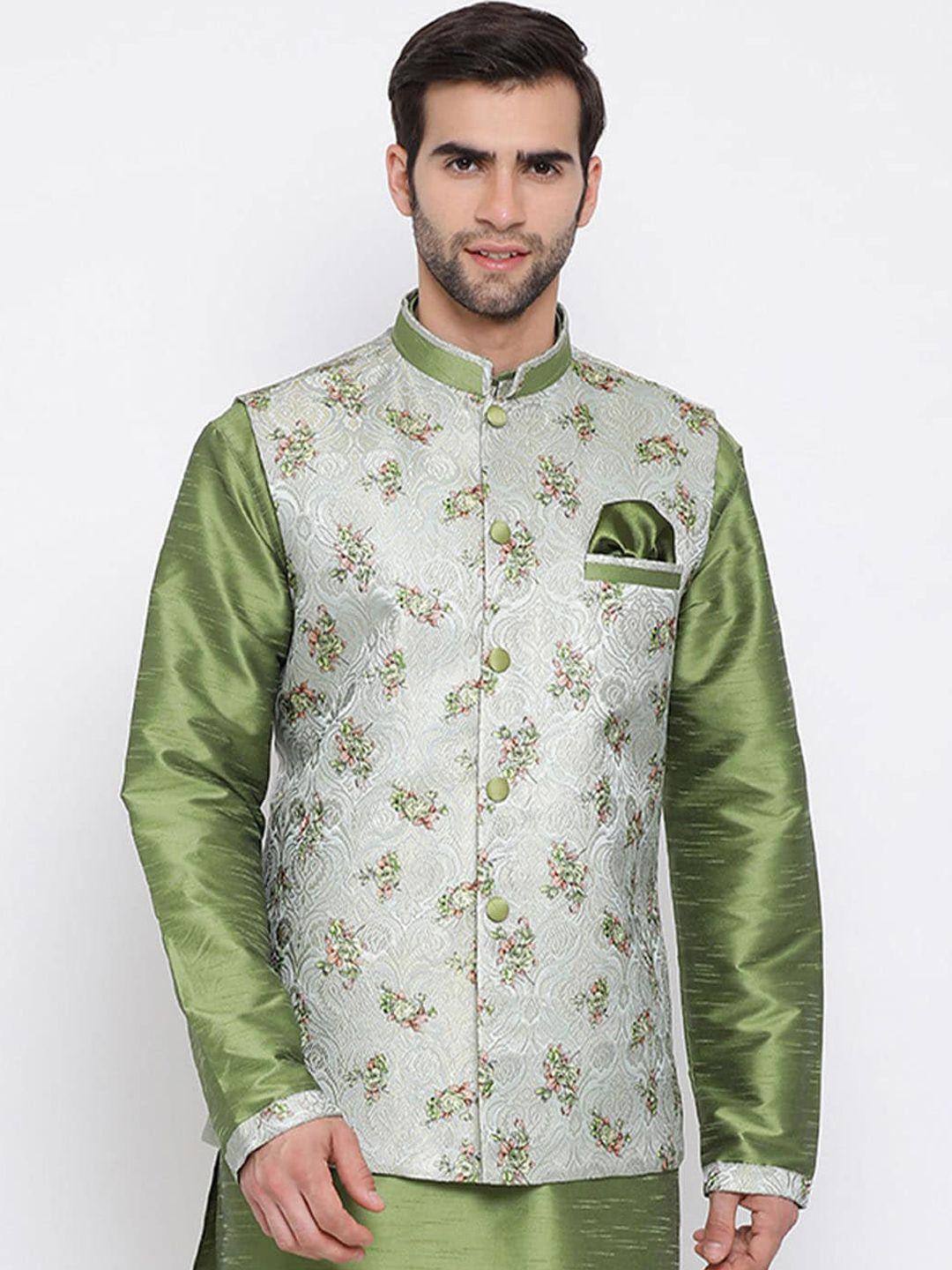 vastramay men grey & green printed woven nehru jacket
