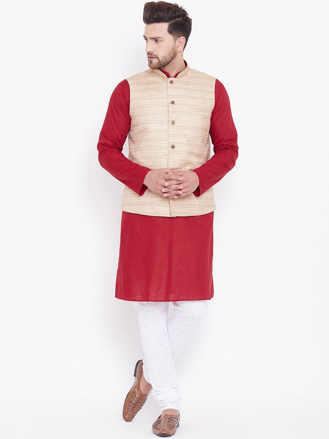 vastramay men maroon kurta with churidar & nehru jacket