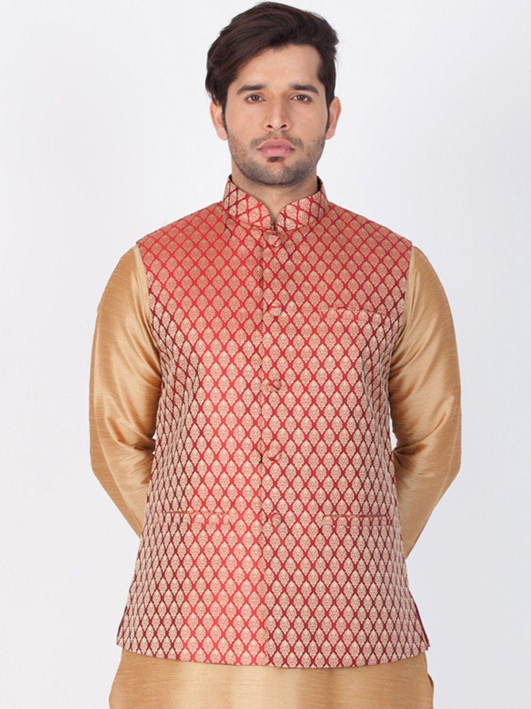 vastramay men maroon woven design nehru jacket