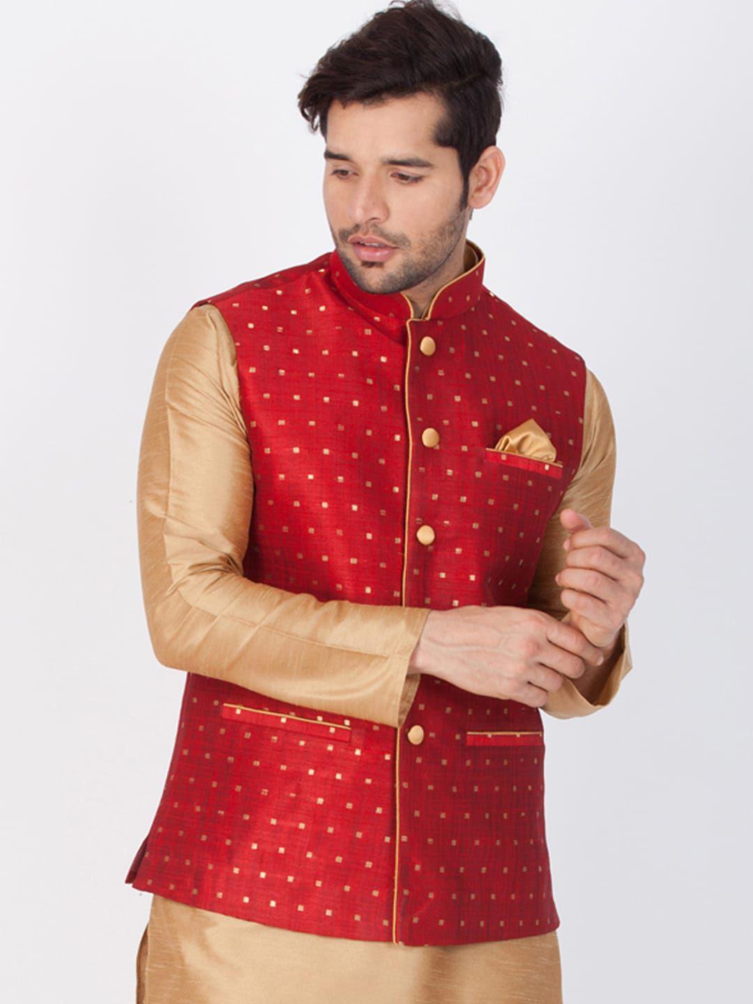 vastramay men maroon woven design nehru jacket