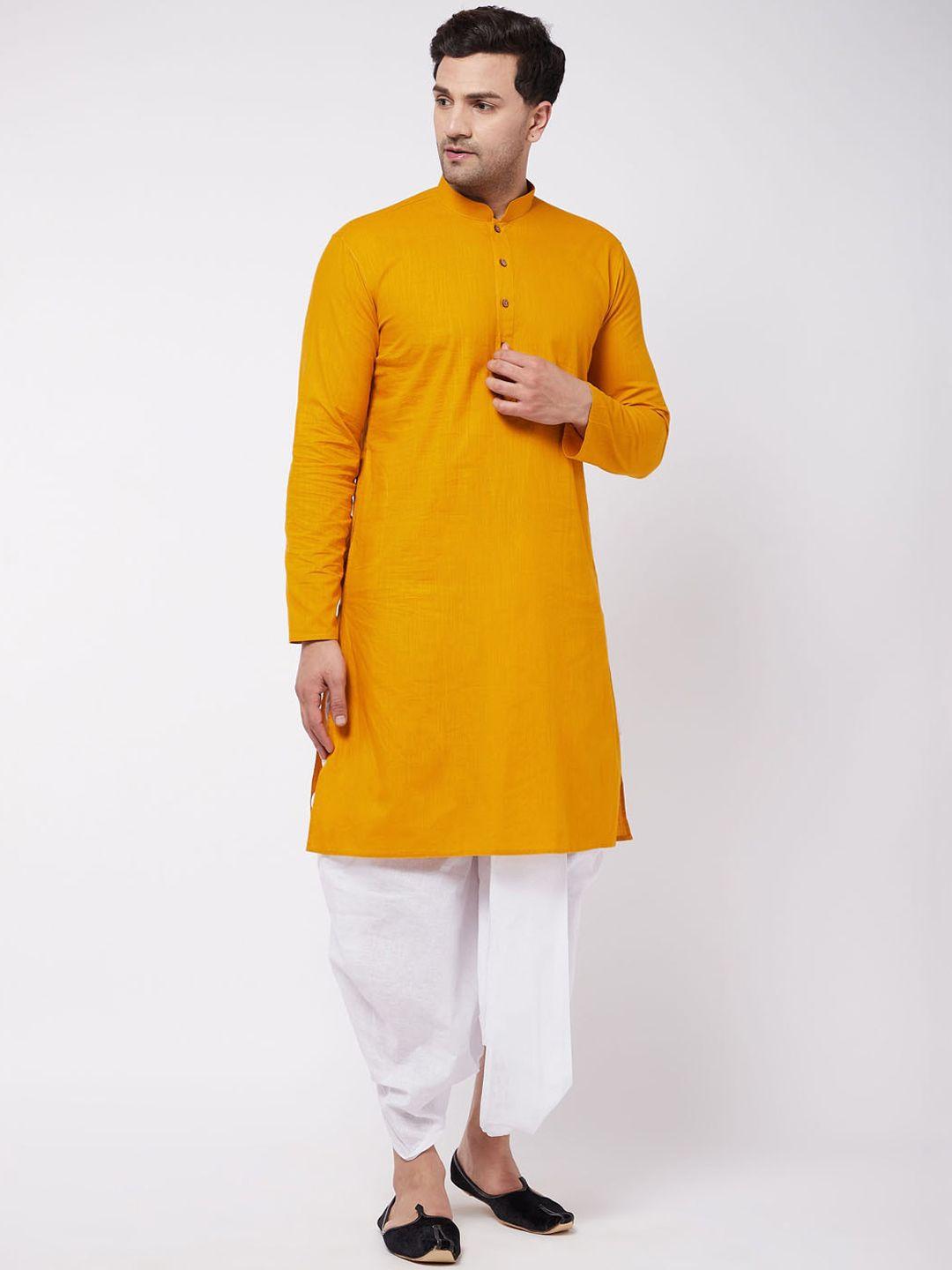 vastramay men mustard & white solid kurta with dhoti pants