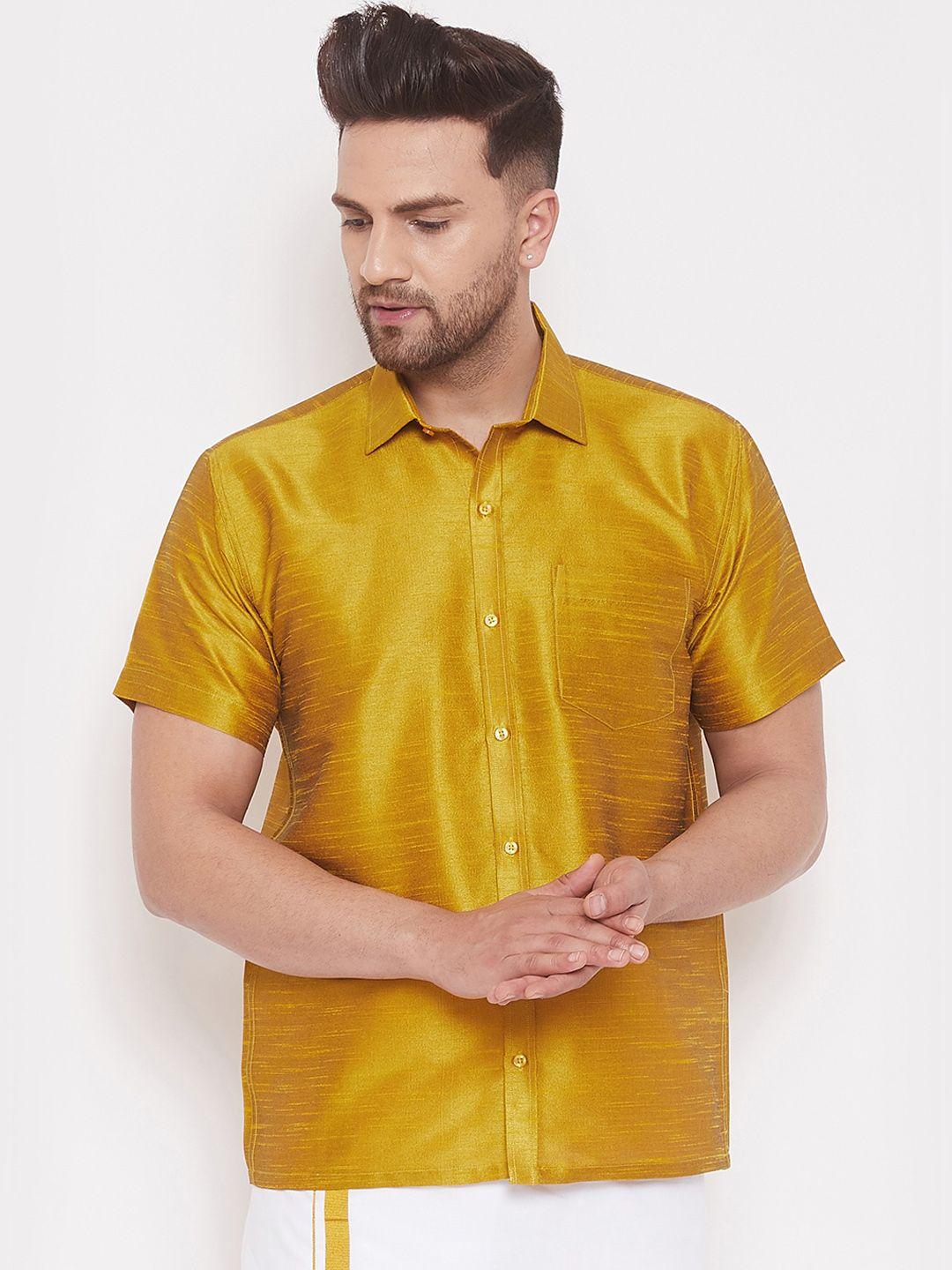 vastramay men mustard solid silk blend party shirt
