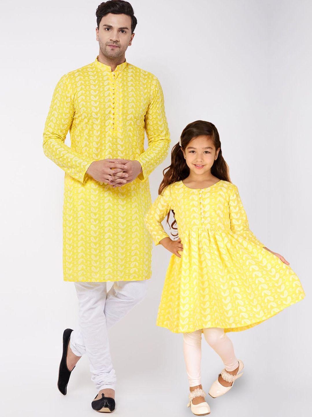 vastramay men mustard yellow floral printed chikankari pure cotton kurta with pyjamas