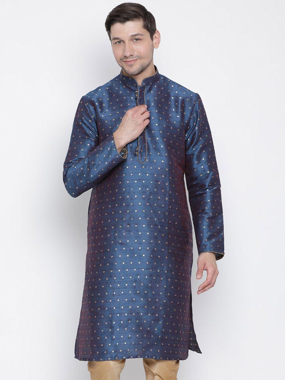 vastramay men navy blue & gold-toned thread work jacquard kurta