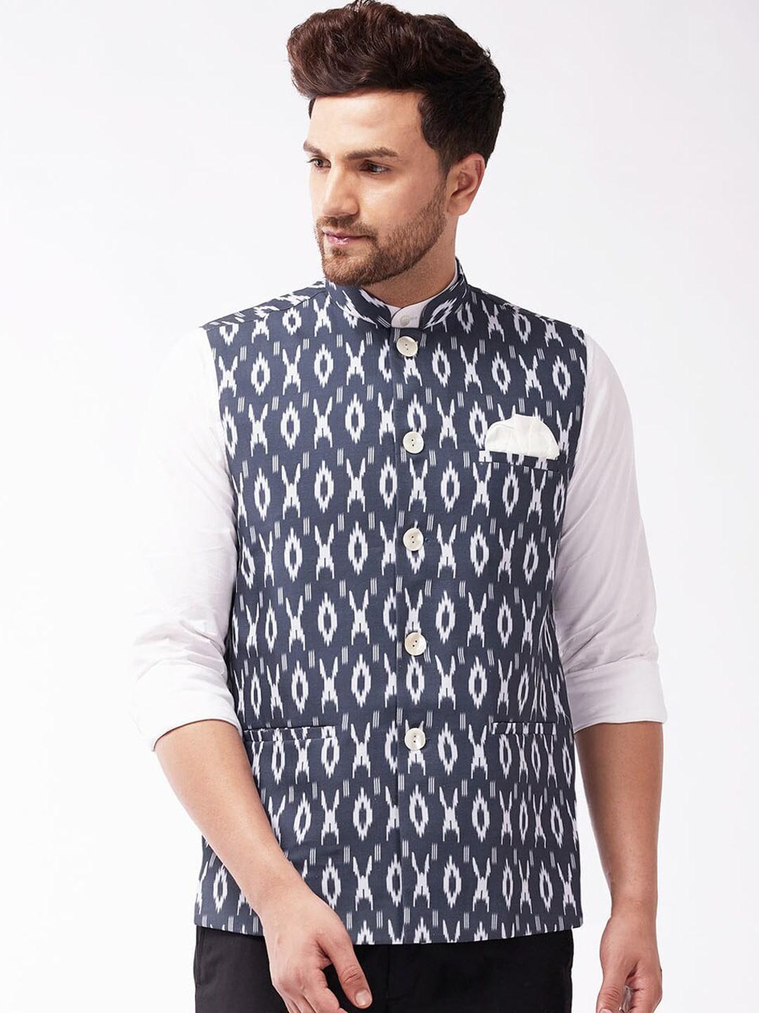 vastramay men navy blue & white printed pure cotton woven nehru jacket
