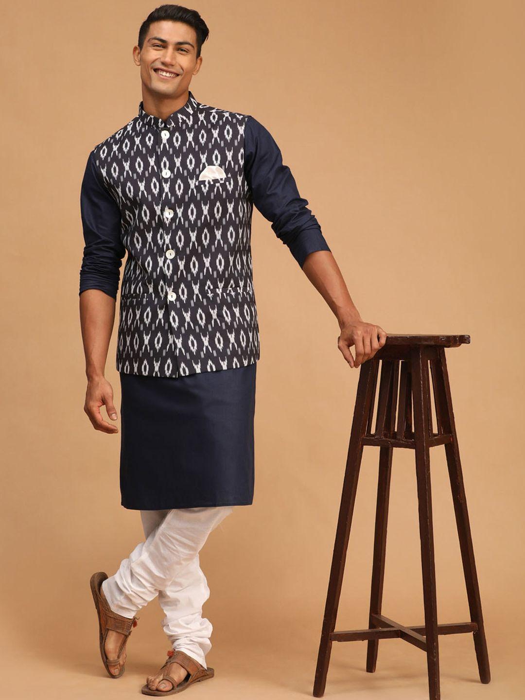 vastramay men navy blue printed kurta with churidar