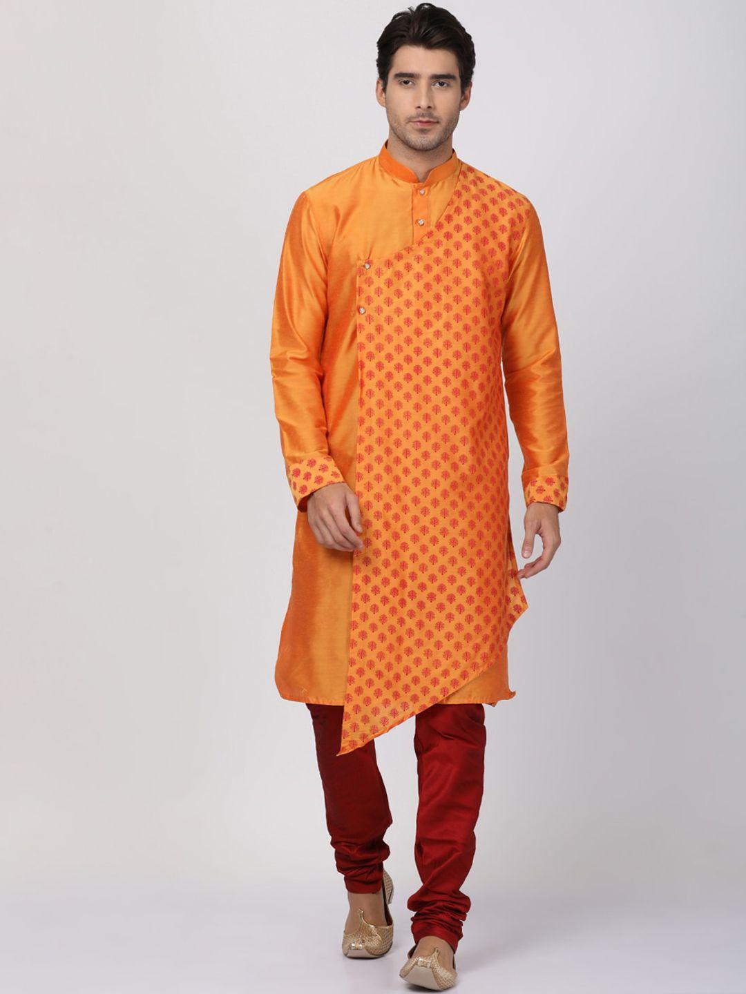vastramay men orange & maroon ethnic motifs printed angrakha kurta with churidar
