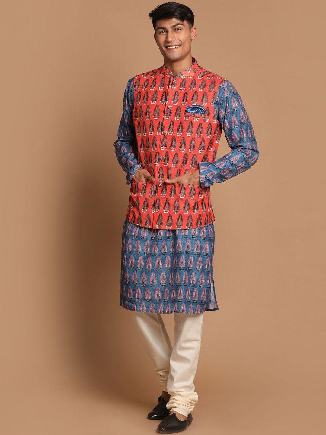vastramay men orange ethnic motifs printed kurta with pyjamas