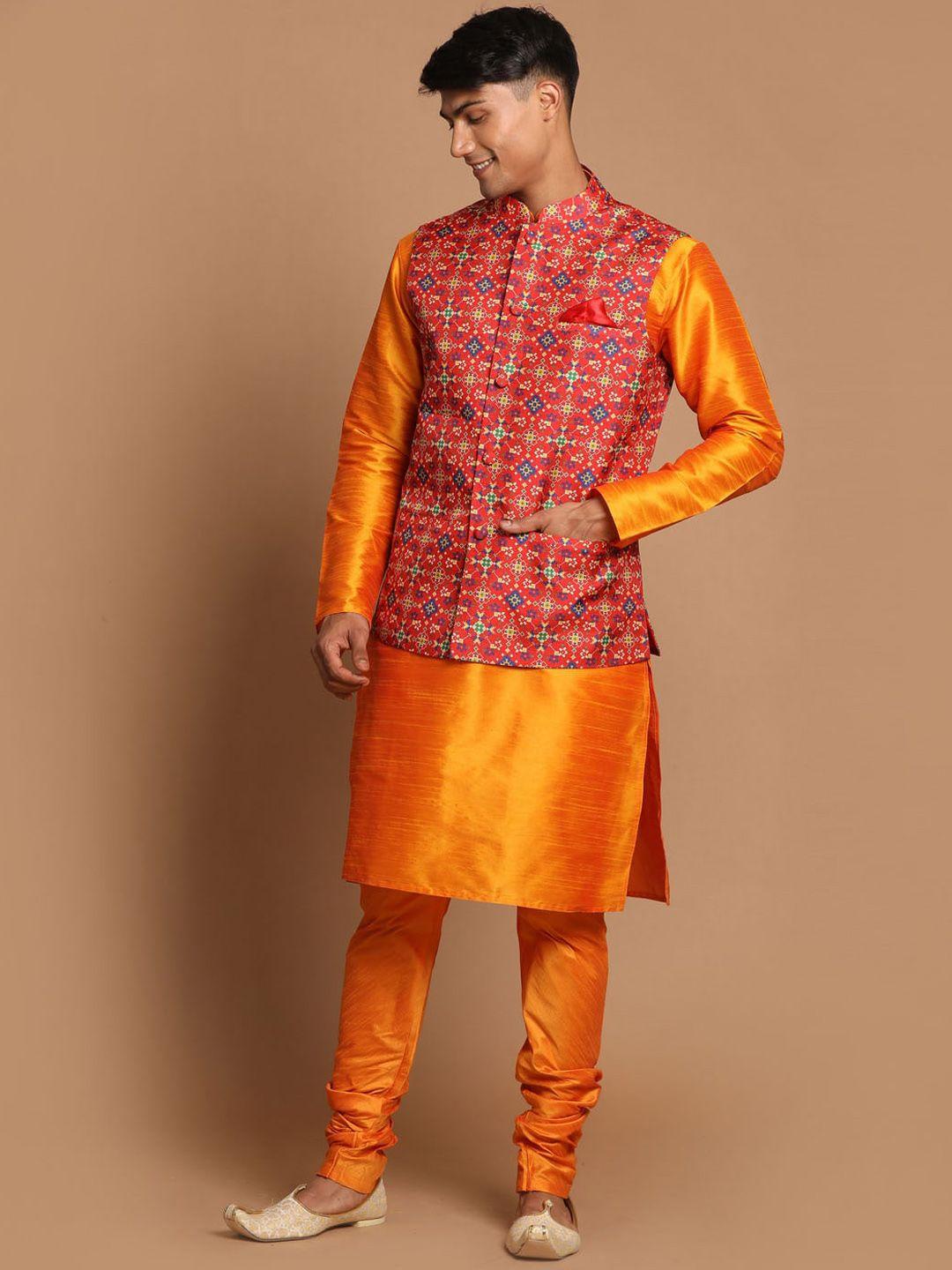 vastramay men orange floral angrakha kurta with pyjama  and patola printed nehru jacket