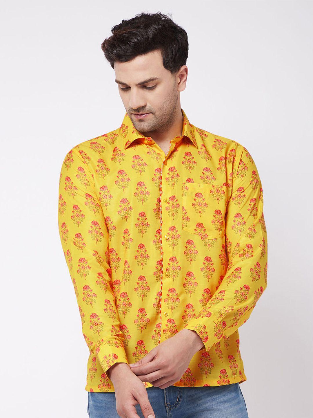 vastramay men orange floral printed casual shirt