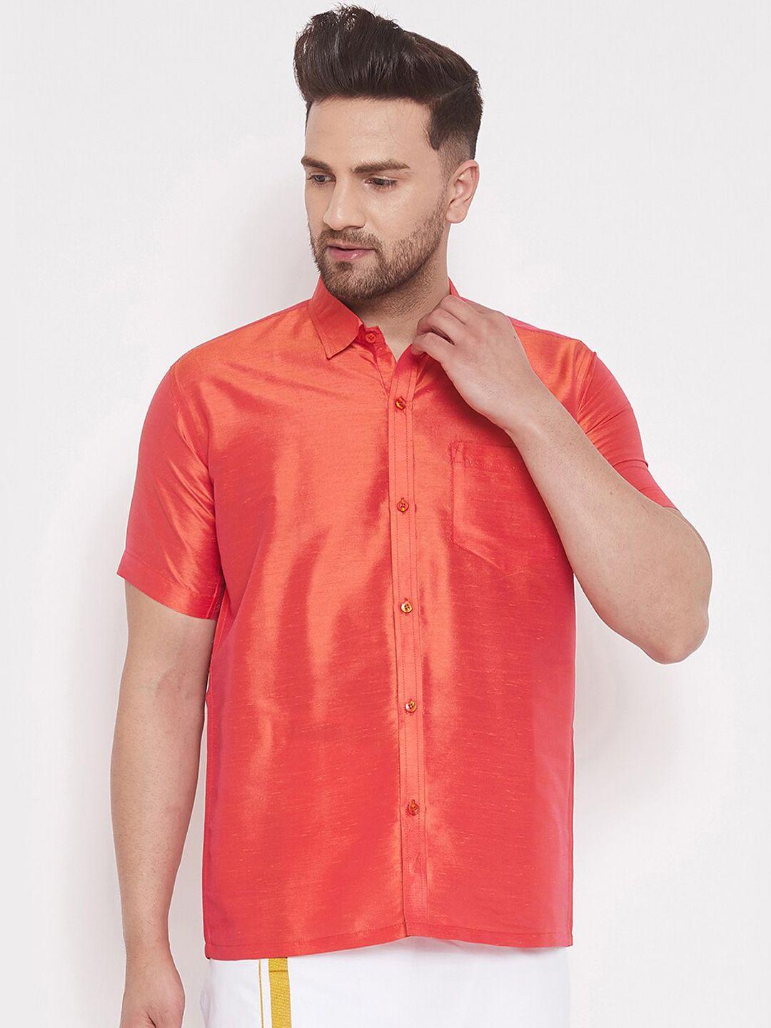 vastramay men orange regular fit solid casual shirt