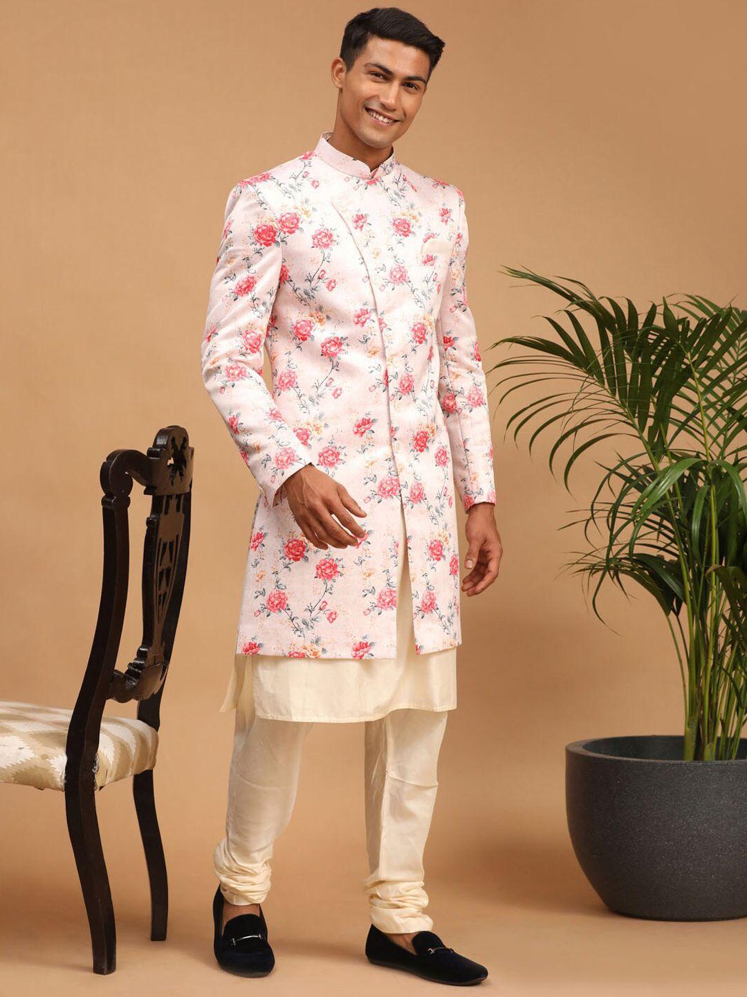 vastramay men peach & cream printed slim fit angarhka set