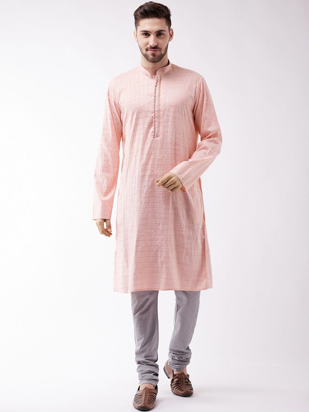 vastramay men pink & grey regular kurta with churidar