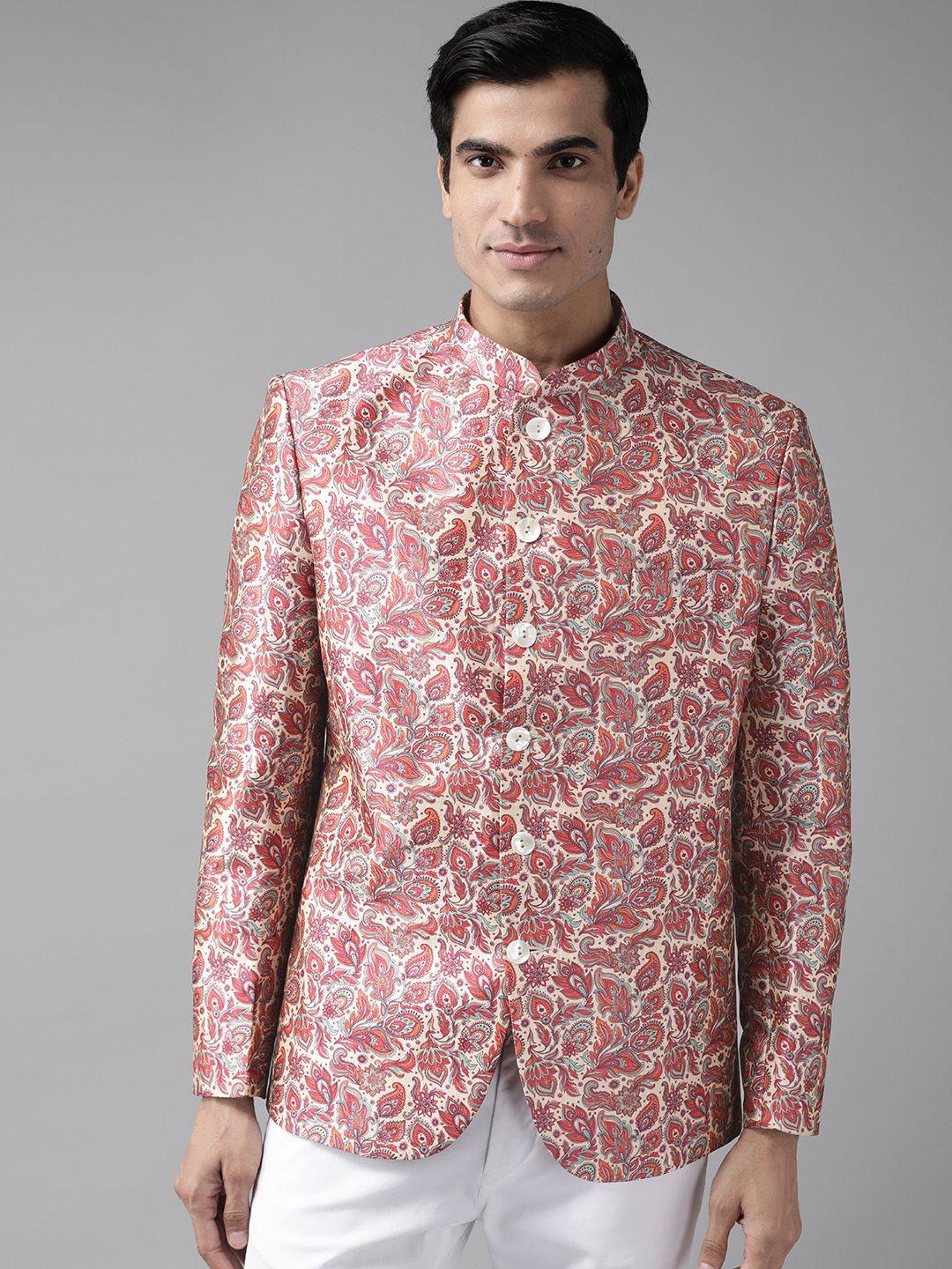 vastramay men pink & off-white slim fit printed bandhgala