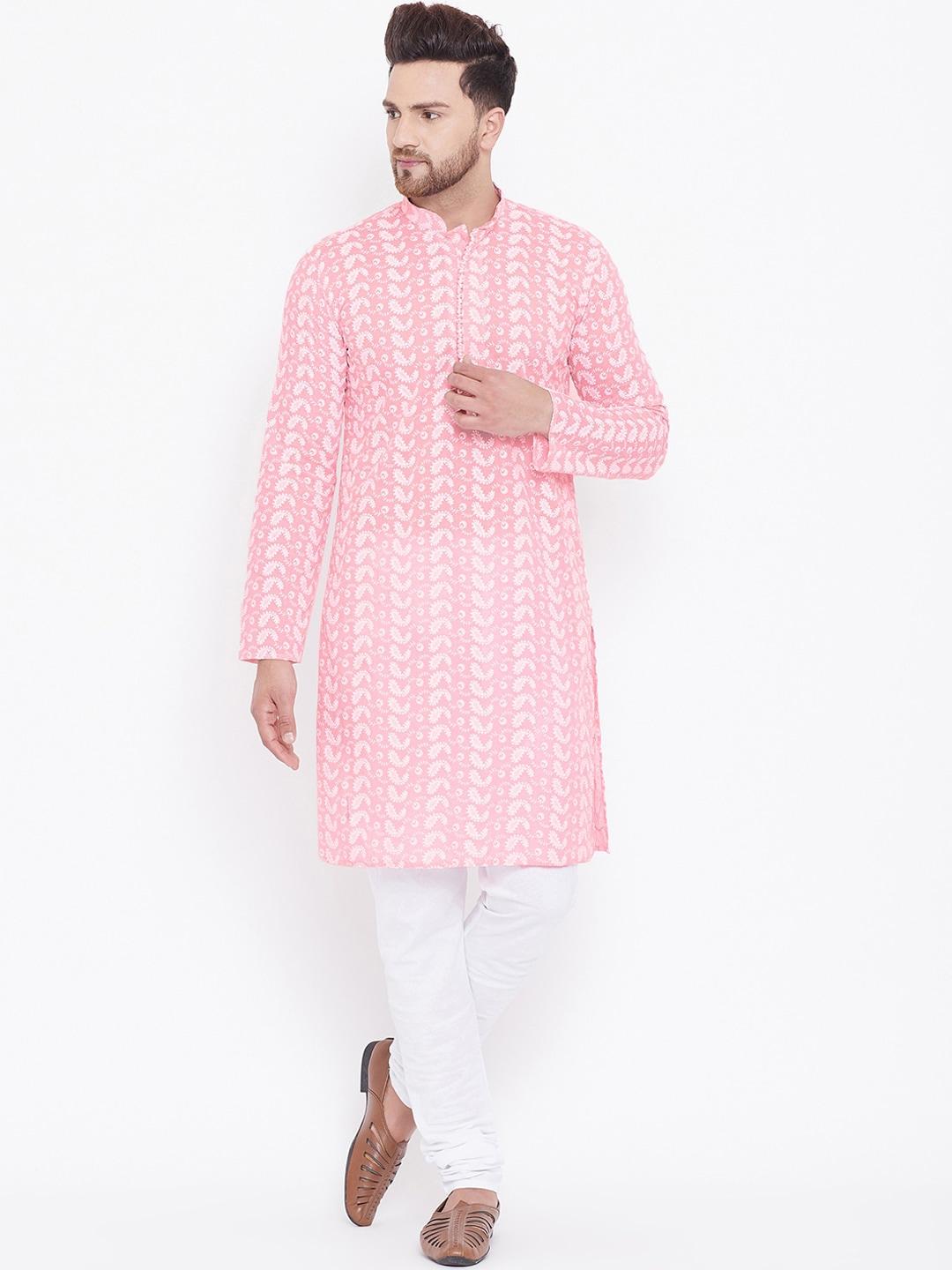 vastramay men pink & white printed kurta with pyjamas