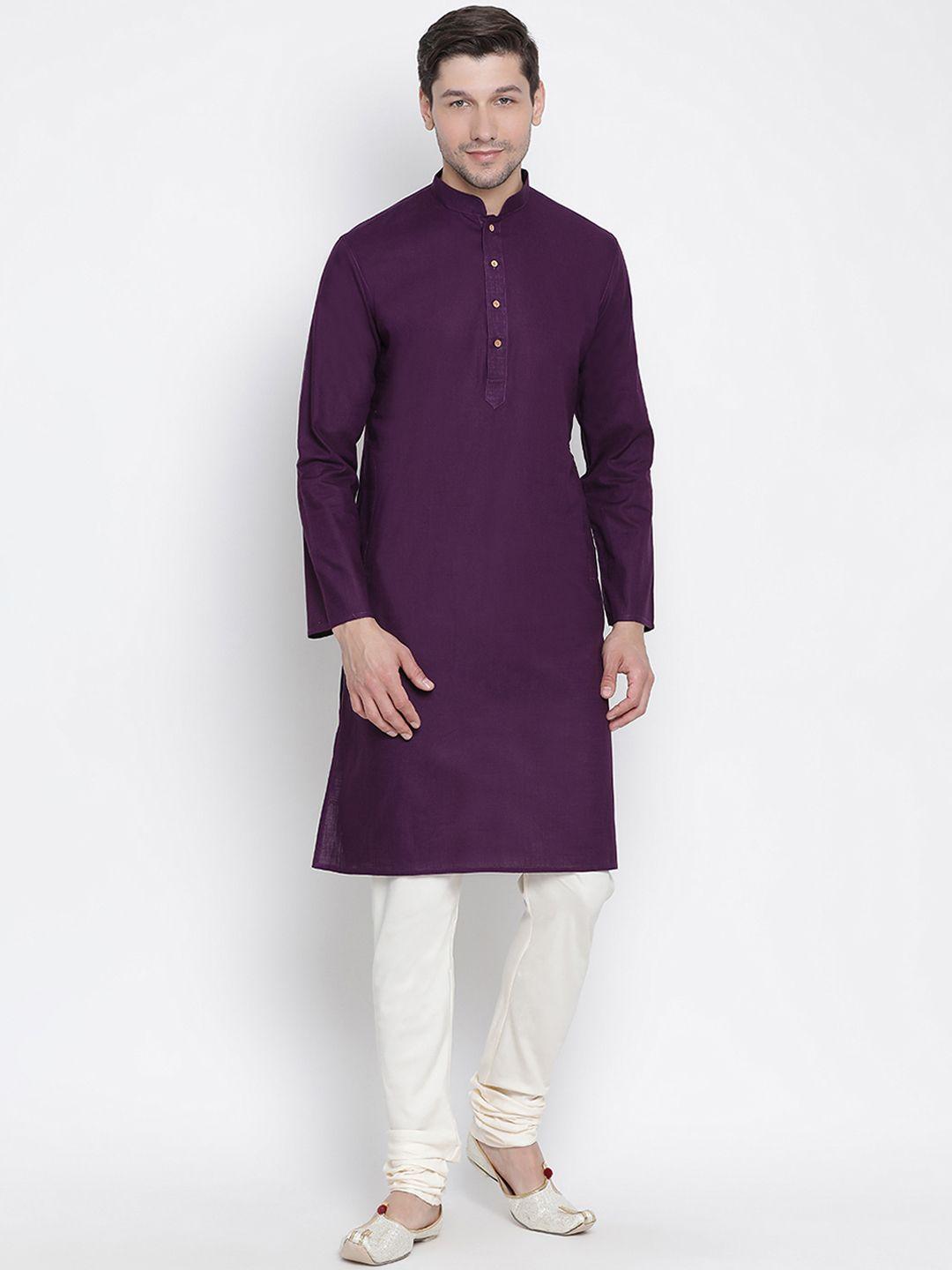 vastramay men purple & cream-coloured solid kurta with churidar