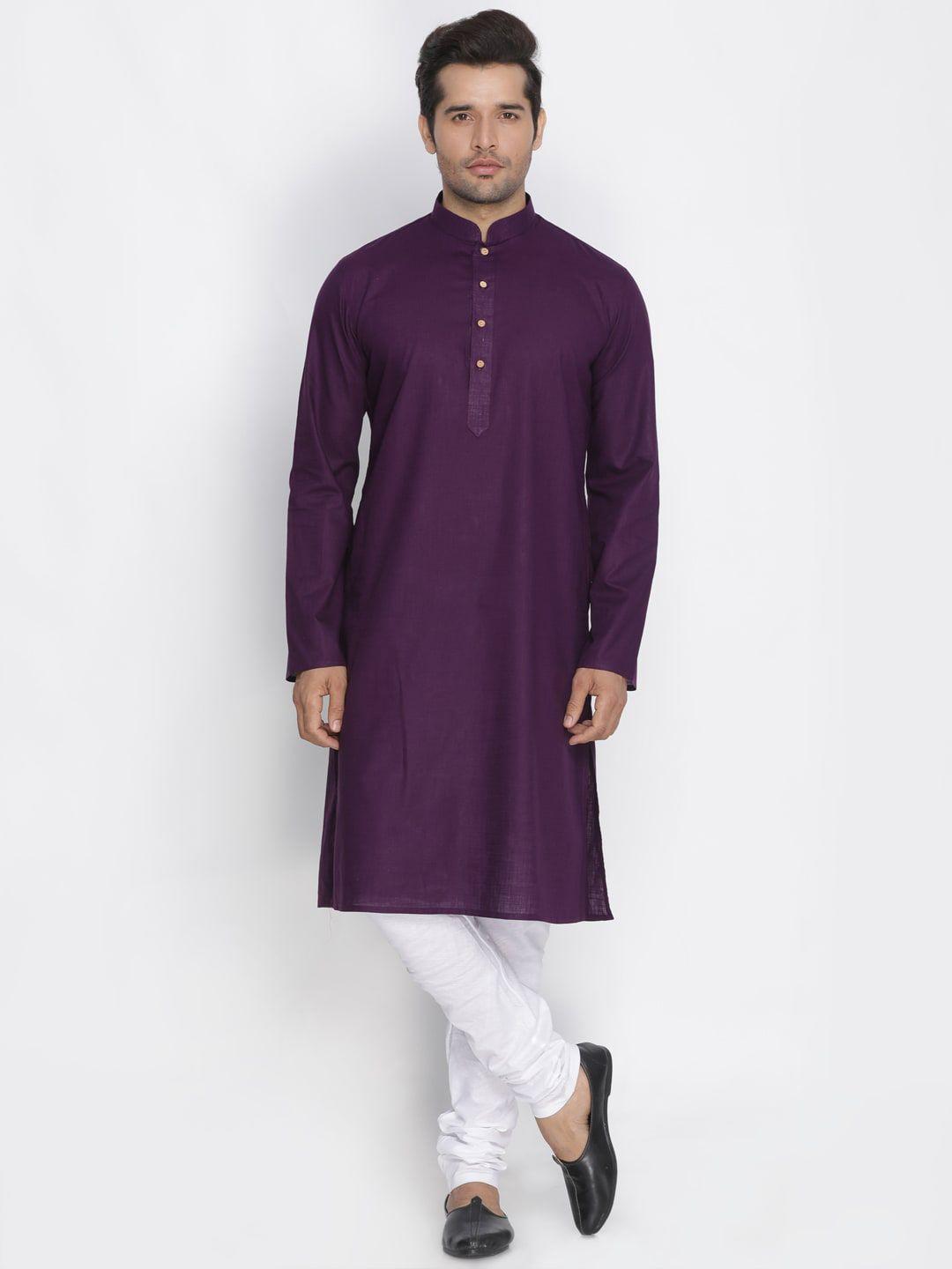 vastramay men purple & white cotton linen blend kurta with churidar