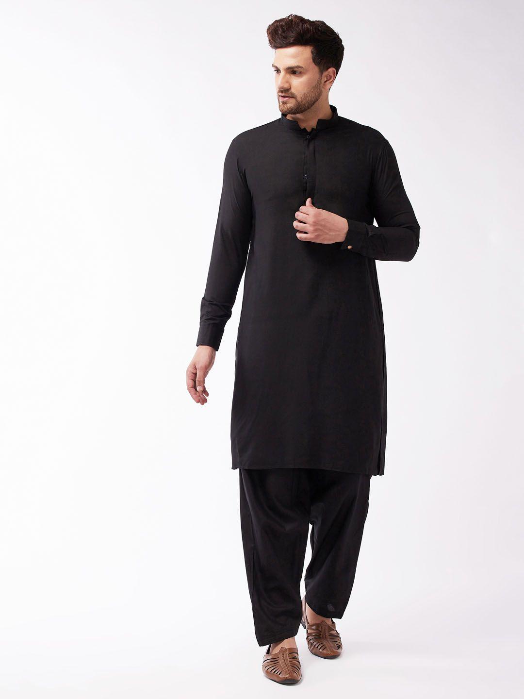 vastramay men solid black kurta with pyjamas