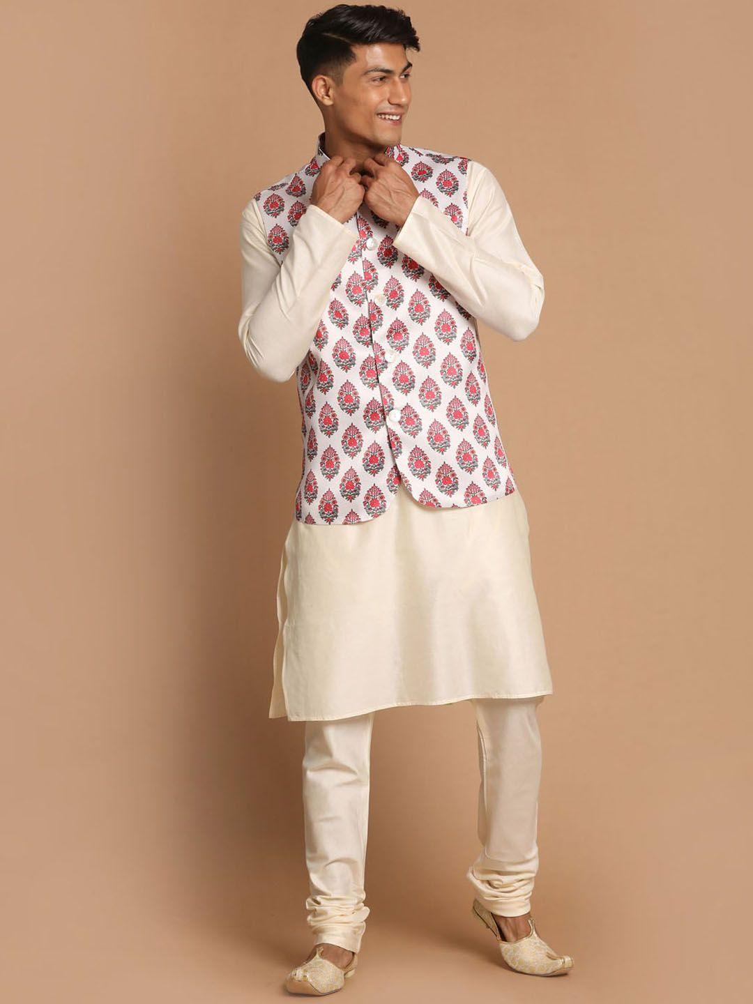 vastramay men solid straight kurta with churidar & with printed nehru jacket