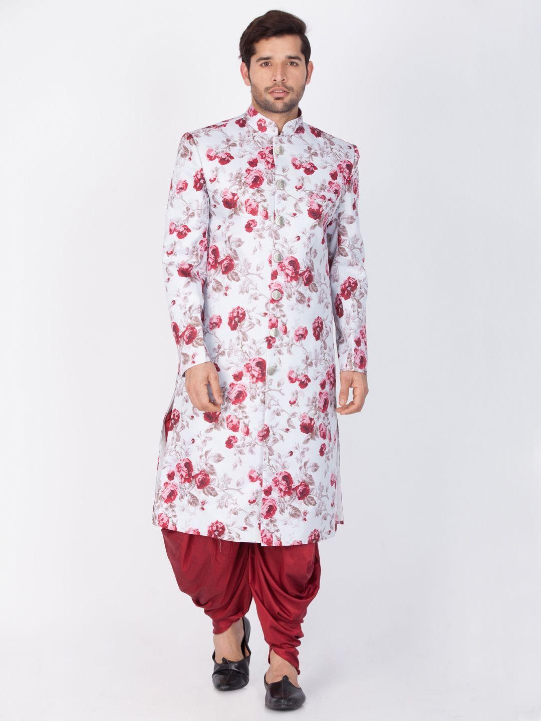 vastramay men white & maroon printed sherwani with dhoti pants