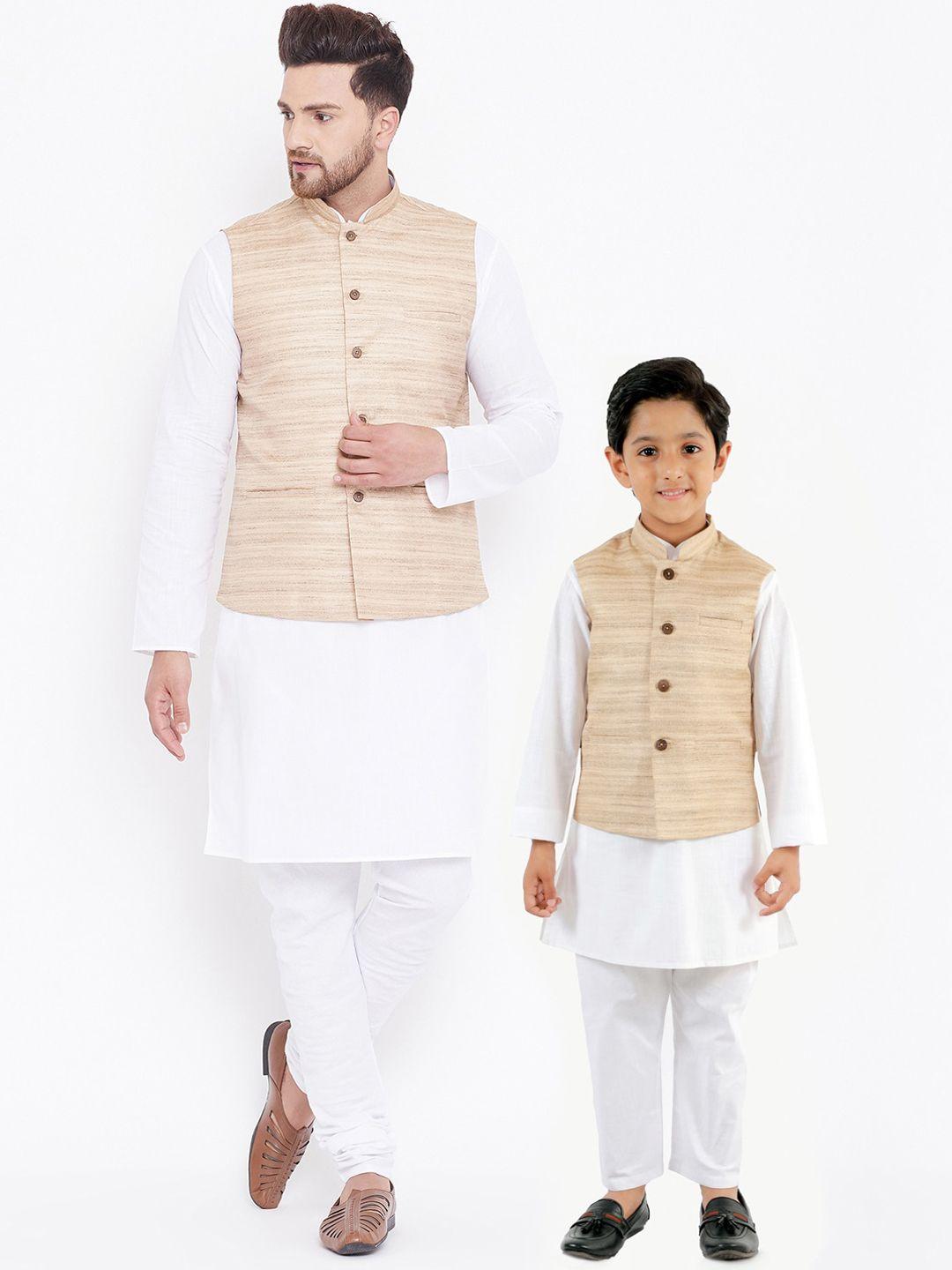 vastramay men white kurta with churidar & nehru jacket