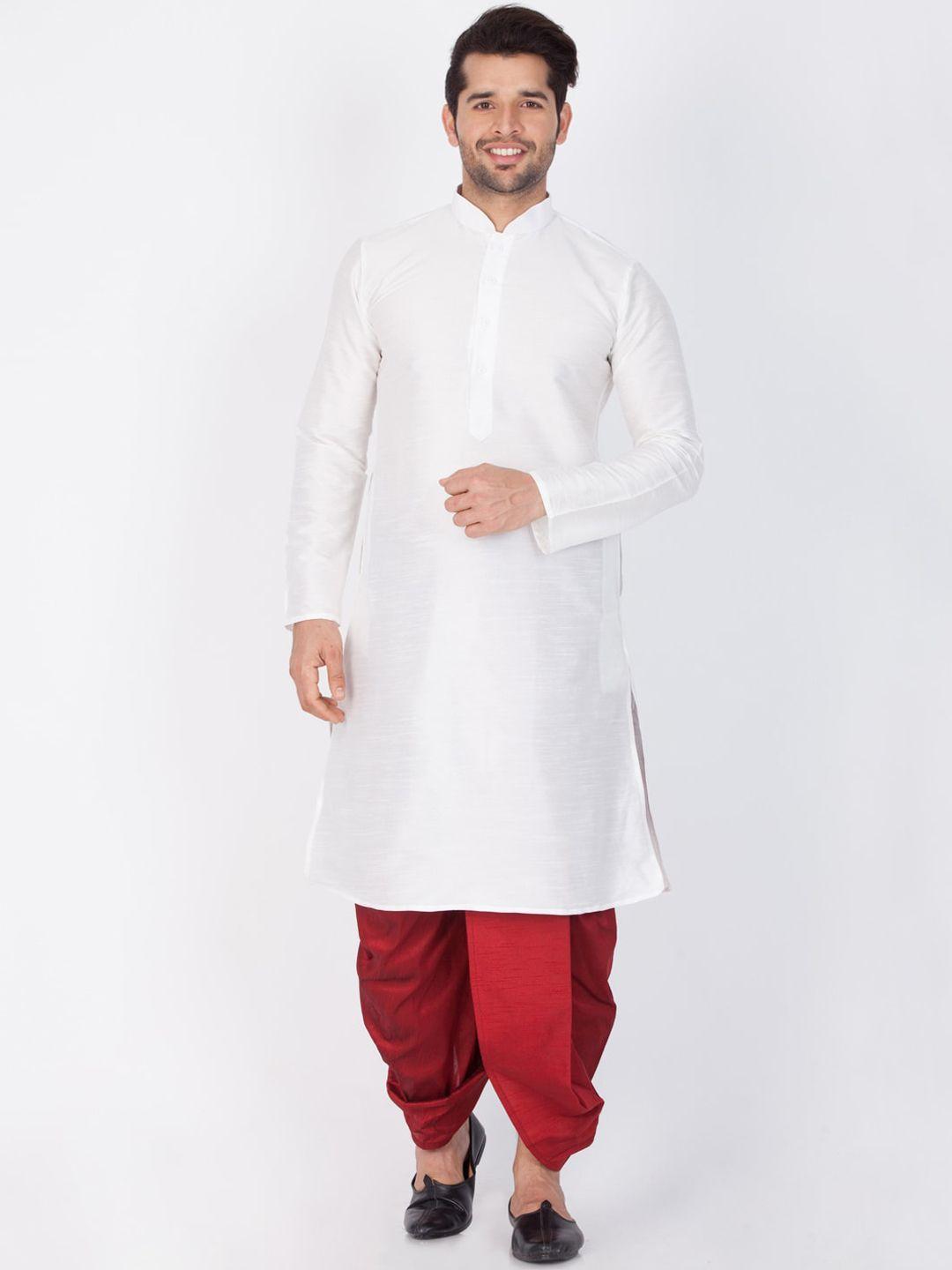 vastramay men white silk blend kurta & dhoti set