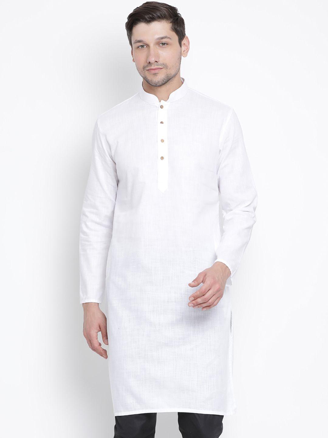 vastramay men white solid straight cotton kurta