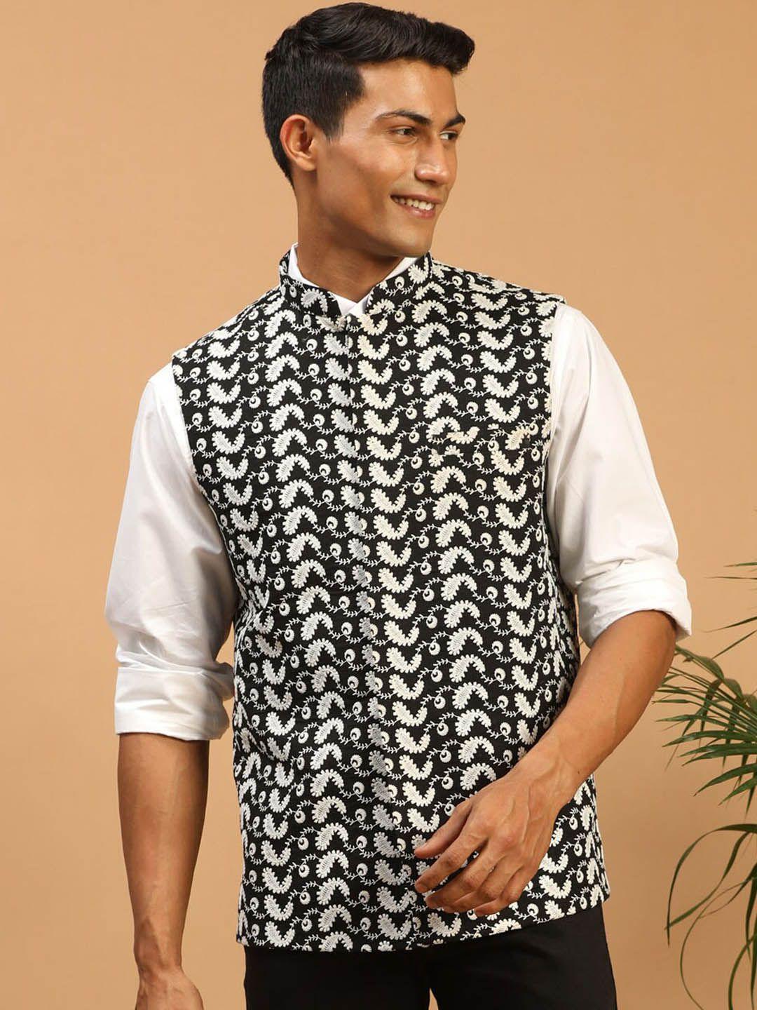 vastramay men woven design chikankari cotton nehru jacket