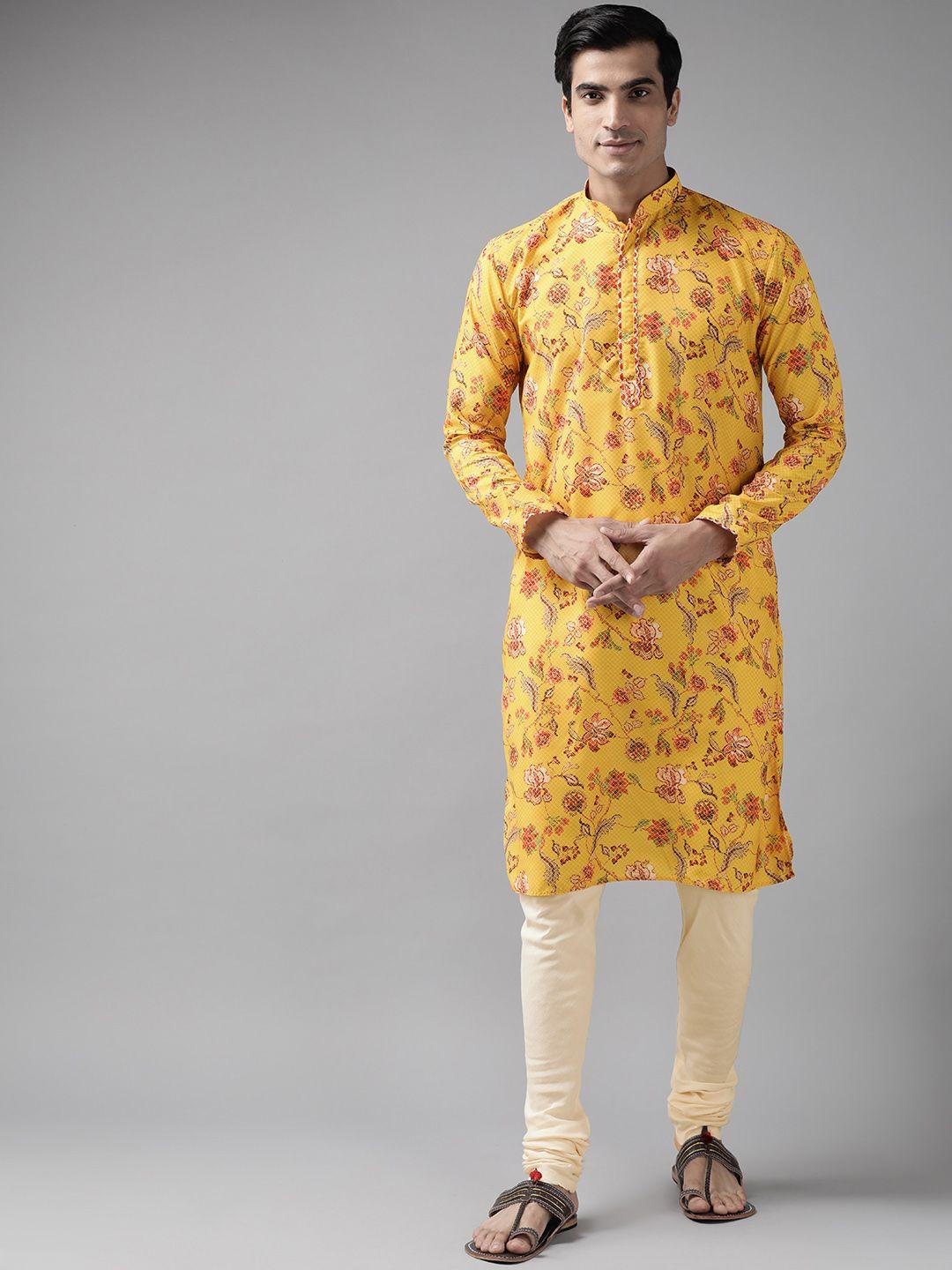 vastramay men yellow & off-white ethnic motifs printed gotta patti kurta with churidar