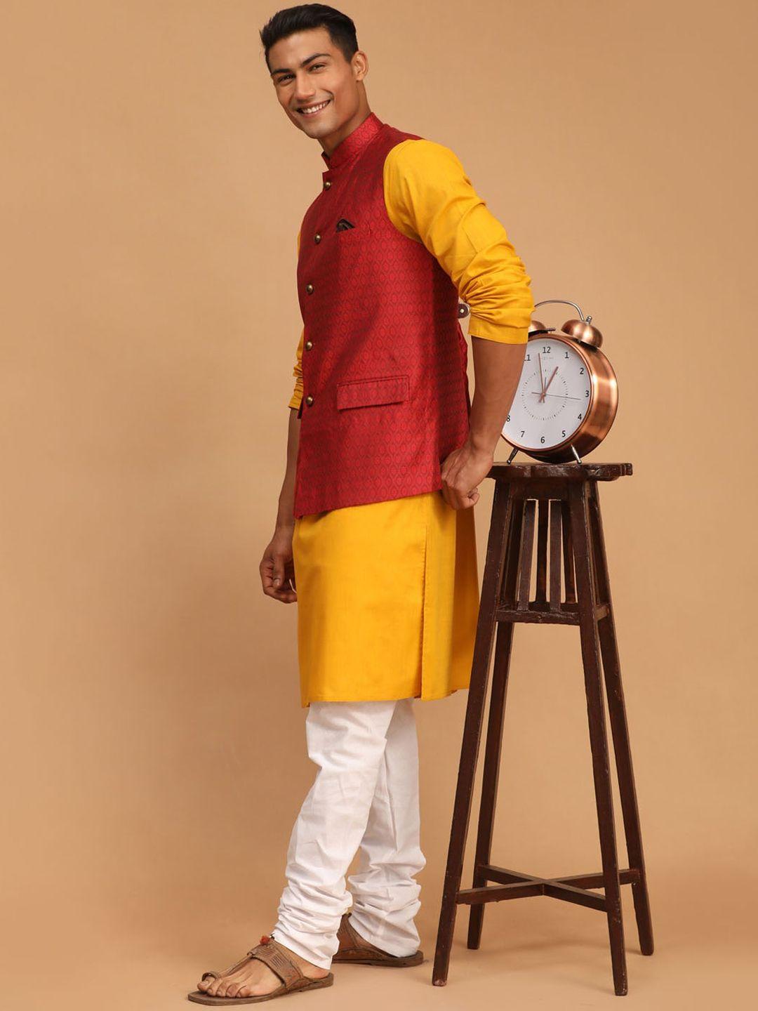 vastramay men yellow kurta with churidar & nehru jacket