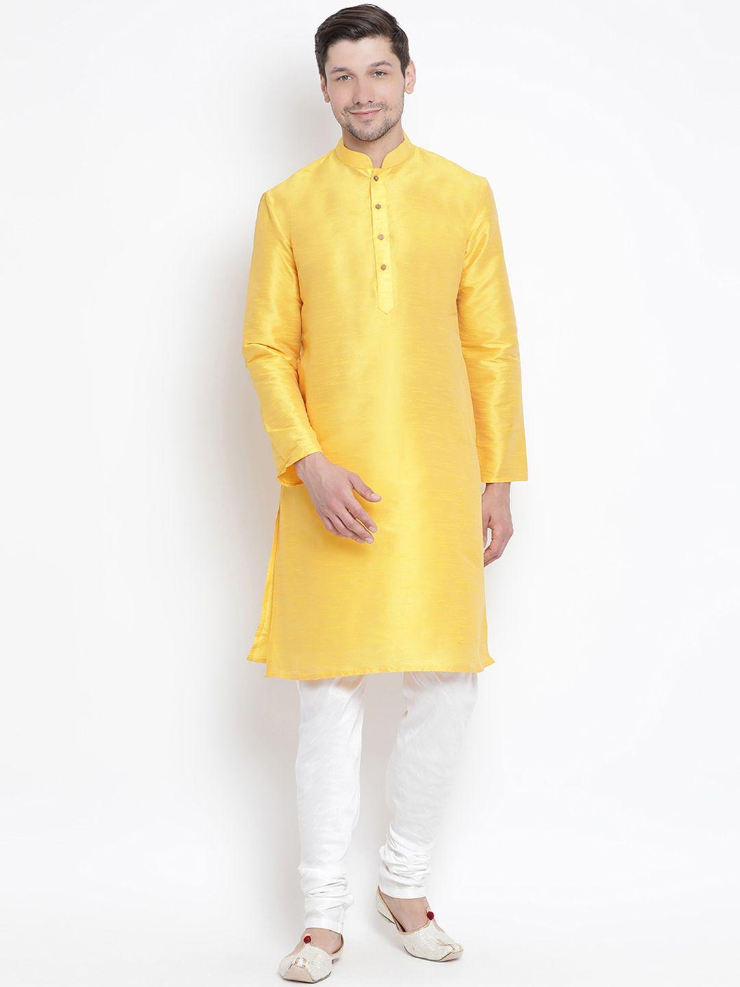 vastramay men yellow solid kurta with churidar