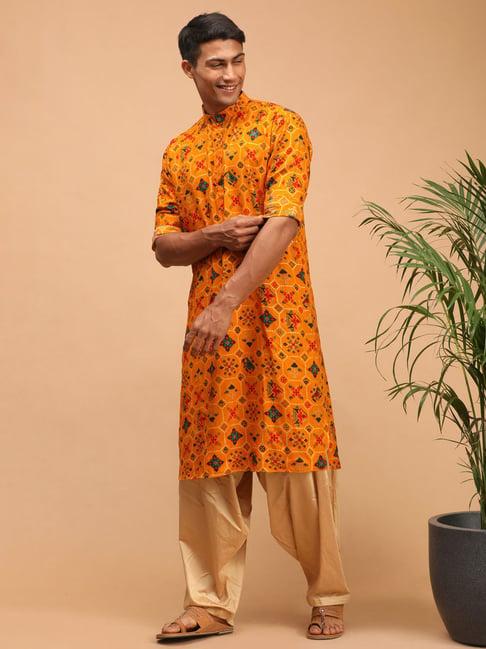 vastramay mustard & beige regular fit printed kurta & patiala set