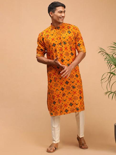 vastramay mustard & cream regular fit printed kurta & pants set