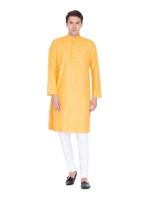 vastramay mustard & white cotton linen straight fit kurta churidar set