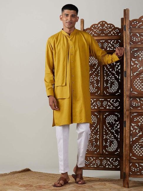 vastramay mustard & white cotton regular fit kurta bottom set