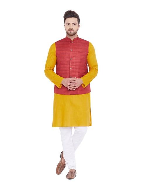 vastramay mustard & white cotton regular fit kurta churidar with jacket